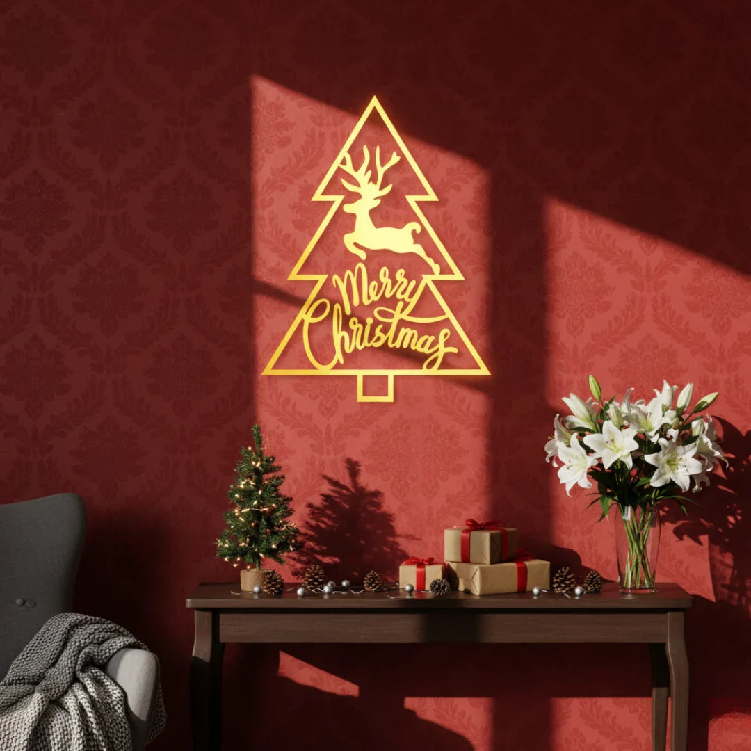 "Merry Christmas" Tree & Reindeer Acrylic Wall Art | Festive Home Decor