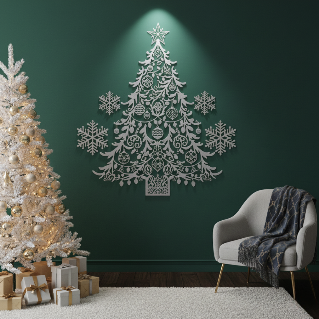 Acrylic Christmas Tree Silhouette Wall Art with Snowflakes