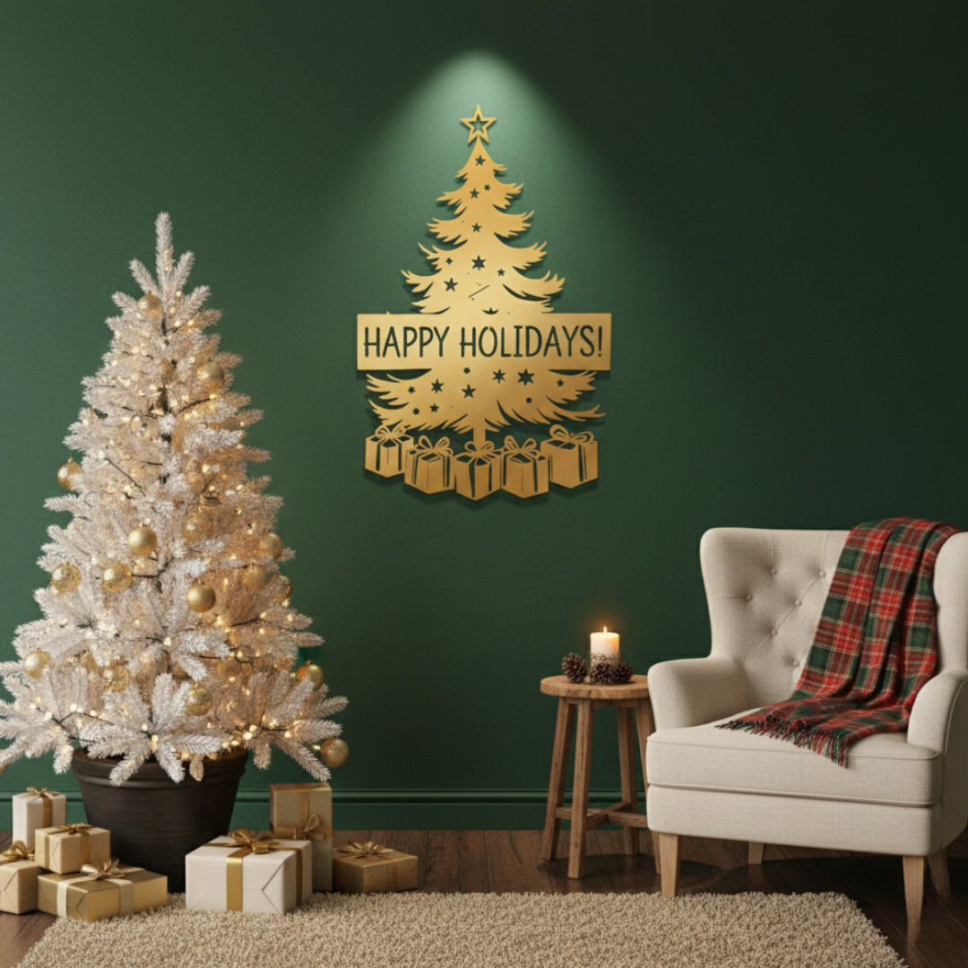 Acrylic Christmas Tree Wall Art - "Happy Holidays" Festive Decor