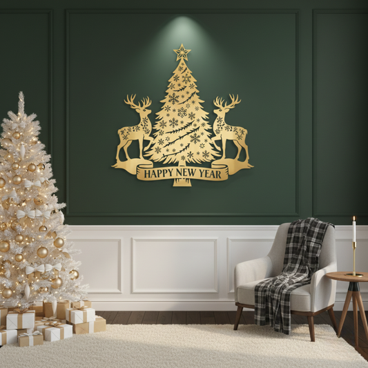 Acrylic Deer & Snowflake Christmas Tree "Happy New Year" Wall Art