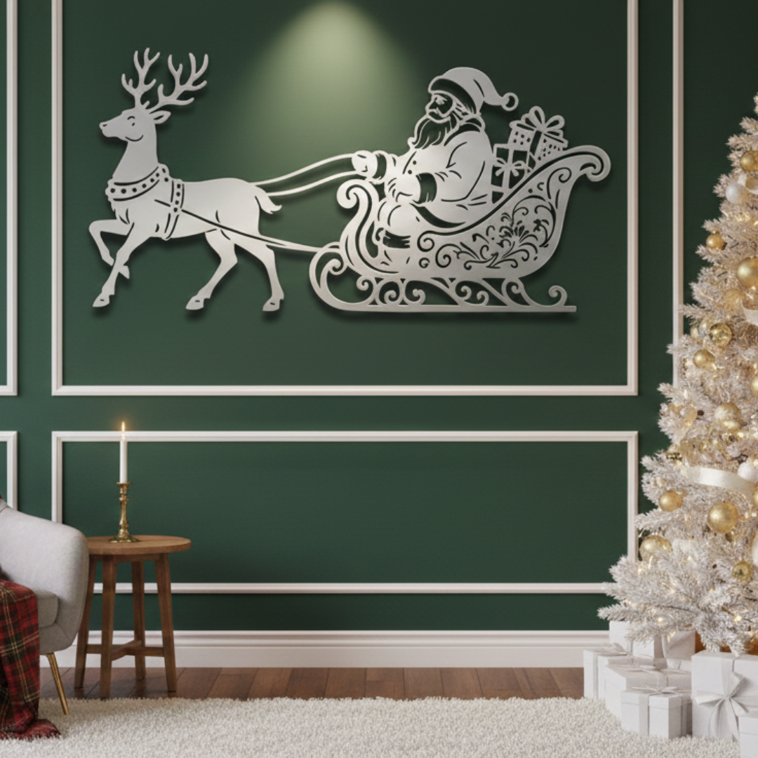 Acrylic Santa Claus and Reindeer Sleigh Silhouette Wall Art