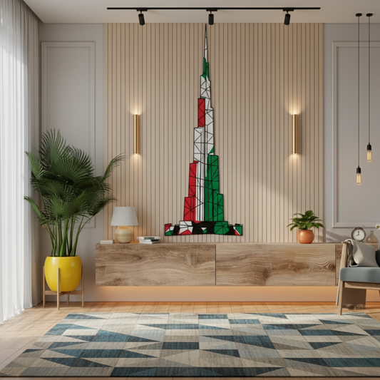 Geometric Burj Khalifa UAE Flag Acrylic Wall Art - Office Decor