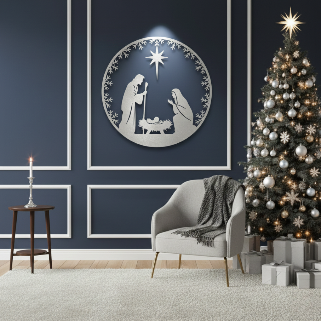 Minimalist Acrylic Round Nativity Scene Wall Art with Star & Wreath Frame