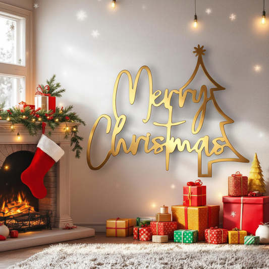 Whimsical Acrylic Intertwined "Merry Christmas" Tree Wall Art