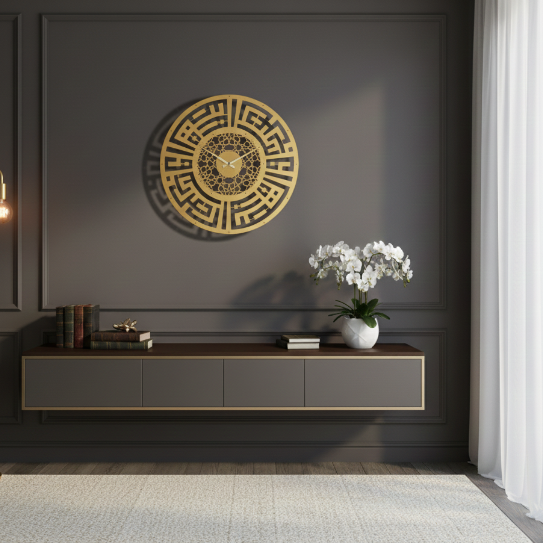 Circular Kufic Calligraphy Clock | 3D Geometric Islamic Wall Art