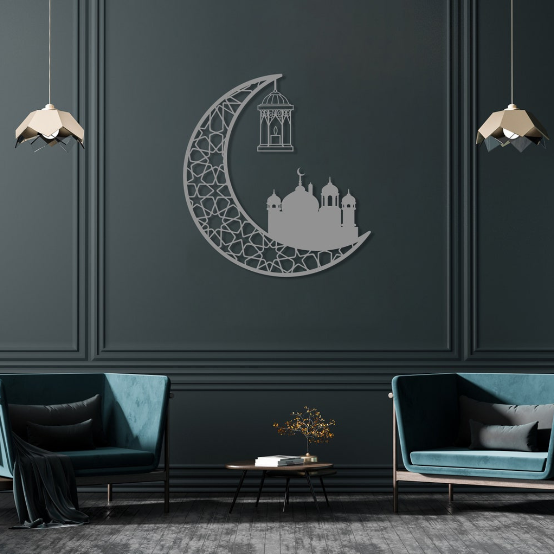 Ramadan Moon and Mosque | 2 Pcs Acrylic Wall Decoration | Islamic Calligraphy | UAE Ramadan & Eid Decor