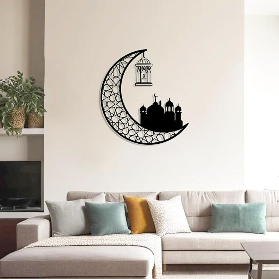Ramadan Moon and Mosque | 2 Pcs Acrylic Wall Decoration | Islamic Calligraphy | UAE Ramadan & Eid Decor