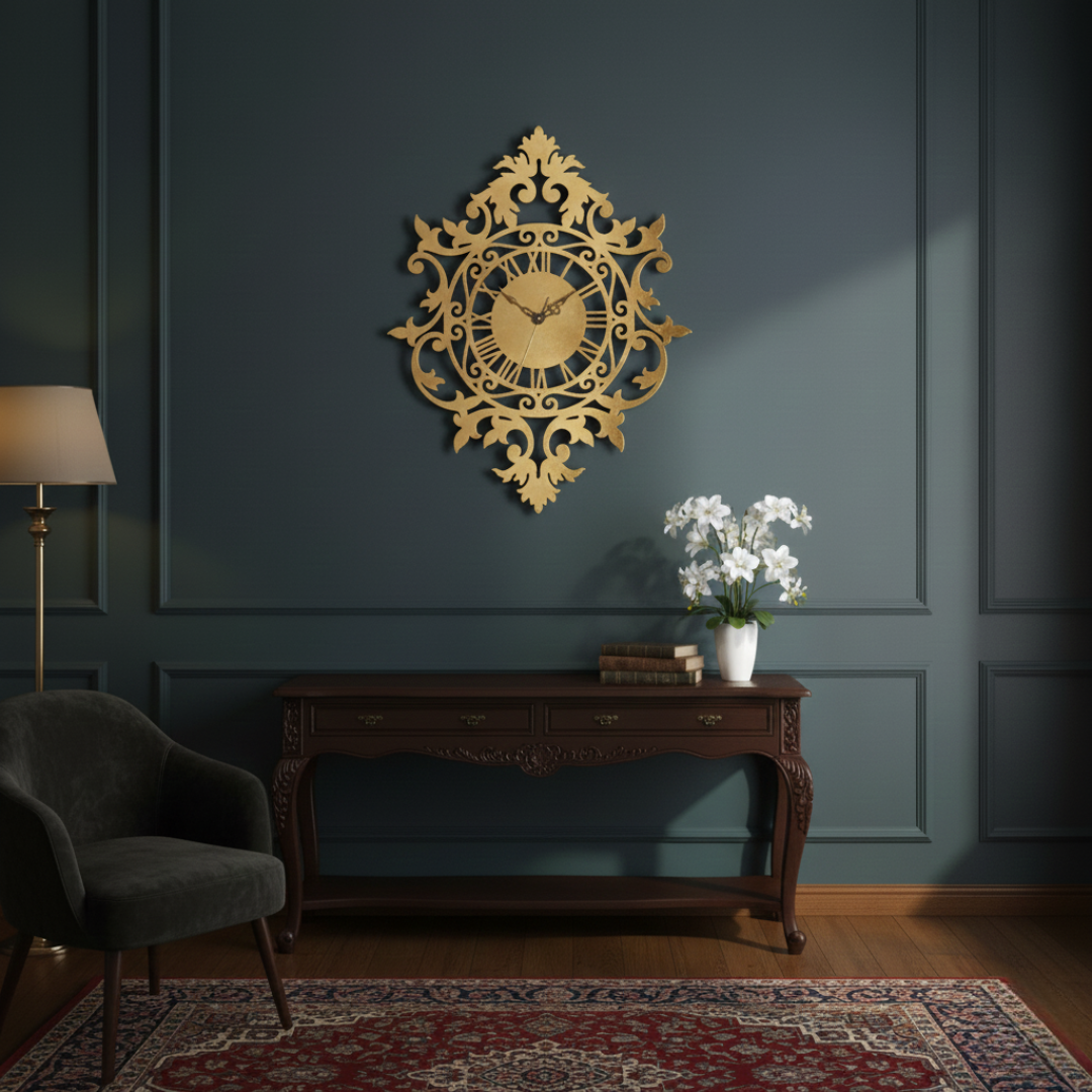 Vintage Baroque Style Acrylic Wall Clock | Ornate Black Scrollwork Decor