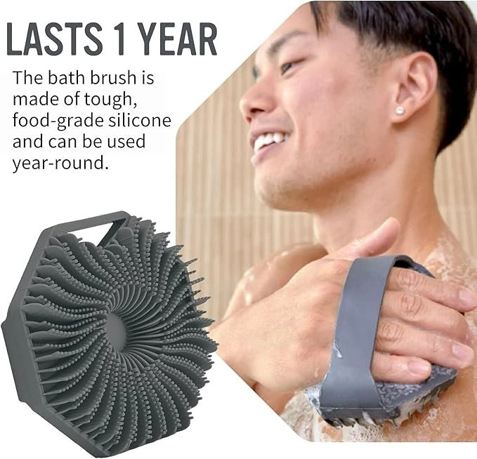 Antibacterial Silicone Body Scrubber for Sensitive Skin – Eco-Friendly Shower Brush with Charcoal Infusion (Grey)